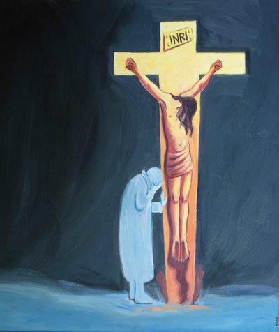 Hvis våre lidelser gjør det vanskelig å be, kan vi bare lene oss på korset, nær Kristus, hvile i ham og tålmodig tåle våre vanskeligheter, 2000 (olje om bord) av Elizabeth Wang