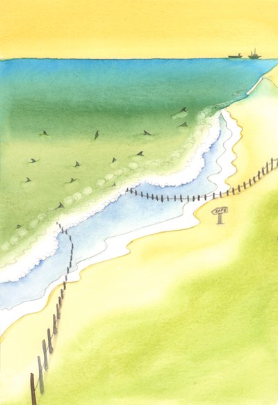 Hvis vi veileder en person mot fare, er vi ansvarlige for skadene deres, enten det er på en strand, eller gjennom å publisere dårlige bøker, eller på et hvilket som helst område av livet, 2003 (w/c på papir) av Elizabeth Wang