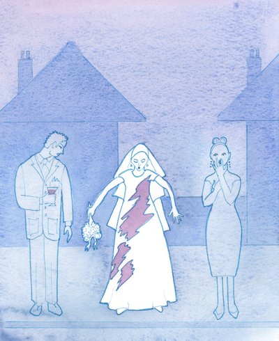 Tenk deg hvor flau en brud ville være, hvis kjole hadde blitt flekket av en sølt drink, og som så tenkte på hvordan hun gikk mot alteret, 2003 (w/c på papir) av Elizabeth Wang