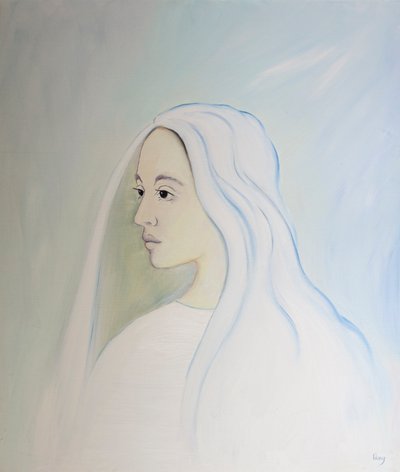 I himmelen deler jomfru Maria sønnens bekymring for alt som skjer på jorden, 2000 (olje om bord) av Elizabeth Wang