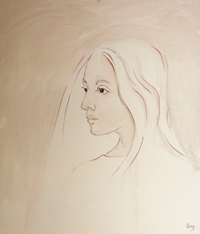 I himmelen deler jomfru Maria sønnens bekymring for alt som skjer på jorden, 2000 (olje om bord) av Elizabeth Wang