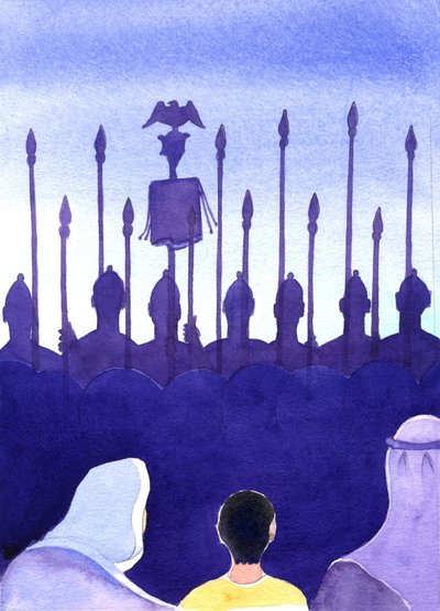 I sin barndom ville Jesus ha vært vant til å se romerske soldater og korsfestelser, 2001 (w/c på papir) av Elizabeth Wang