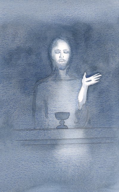 I sin barmhjertighet kommer Kristus til vårt alter, daglig, når vi ønsker ham velkommen, i troens mørke, 2000 (w/c på papir) av Elizabeth Wang