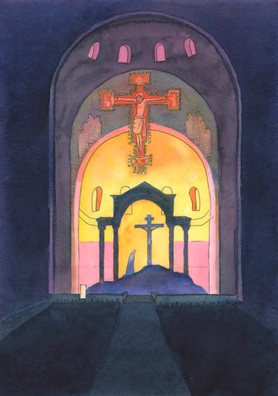 I Westminster Cathedral, og i enhver katolsk kirke, presenteres Golgataofferet på nytt for vår frelse ved messen, 2004 (w/c på papir) av Elizabeth Wang