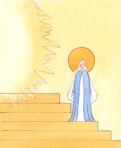 I et bilde av Himmelens domstol, hvor Gud Faderen hersker i herlighet, er Vår Velsignede Frue plassert på trappen som fører til Faderens trone, 2004 (w/c på papir) av Elizabeth Wang
