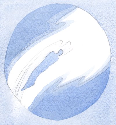 Som svar på bønn kommer en engel til sjelen til en trofast venn av Jesus, og løfter ham raskt for å hilse på Jesus i himmelen., 2001 (w/c på papir) av Elizabeth Wang