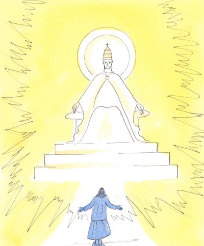I tro kan vi se et brennende lys, høyt oppe i kirken over helligdommen, 2004 (w/c på papir) av Elizabeth Wang