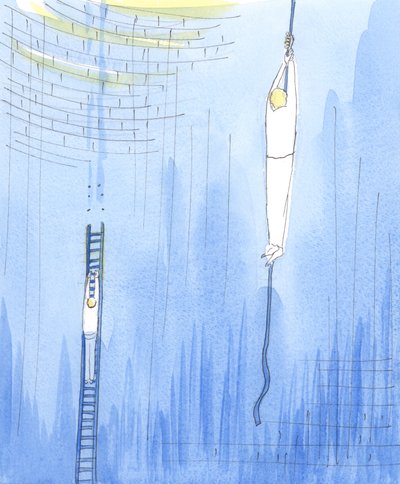 I forbønn er det som om Gud lar en person gå ned på et tau for å redde en annen person som er strandet i en dyp sjakt under jorden, 2004 (w/c på papir) av Elizabeth Wang