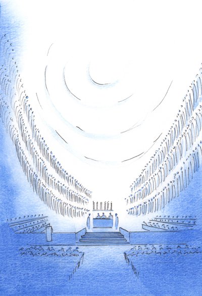 I katedralen, ved en ordinasjonsmesse, åpenbarte Faderen noe av sin majestet og herlighet, blant de hellige, 2003 (w/c på papir) av Elizabeth Wang