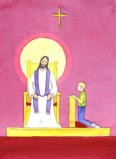 I bekjennelsens sakrament tjener presten i Kristi person, og bringer hans medfølelse og barmhjertighet til de angrende, 2001 (w/c på papir) av Elizabeth Wang