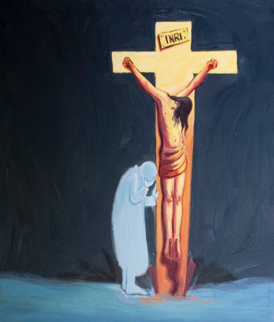 Det er ved ydmykhet vi kan lære å gjemme oss med sårene våre ved siden av Jesus den korsfestede, 2000 (olje om bord) av Elizabeth Wang