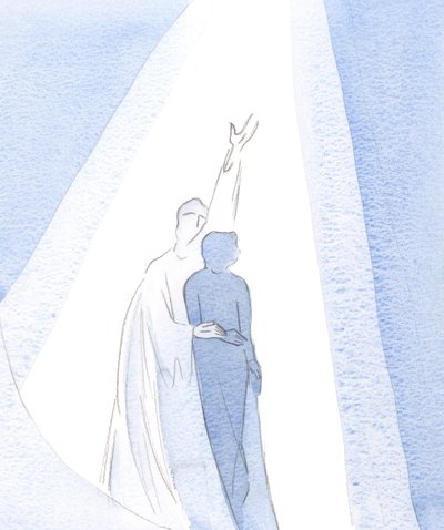 Det er bare ved Kristi kraft og vilje at vi kan unnslippe distraksjoner, for å gjennombore himmelen i uanstrengte bønner., 2001 (w/c på papir) av Elizabeth Wang