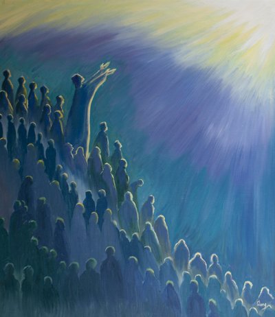 Det er gjennom Jesus, som går i forbønn for oss ved den hellige messe, at vår bønn stiger til Faderen, i Ånden, 2000 (olje om bord) av Elizabeth Wang