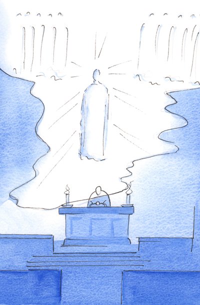 Det var som om selve himmelens gulv ble utvidet over alteret, slik at Kristus var tilstede både i himmelen og på alteret, 2003 (w/c på papir) av Elizabeth Wang