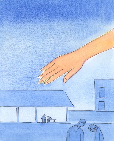Det er som om Faderens hånd strekker seg ut over de stedene der tilståelser høres, 2003 (w/c på papir) av Elizabeth Wang