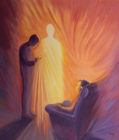 Jesus Kristus kommer til oss i nattverden når vi er syke eller hjemmebundet, 2001 (olje om bord) av Elizabeth Wang