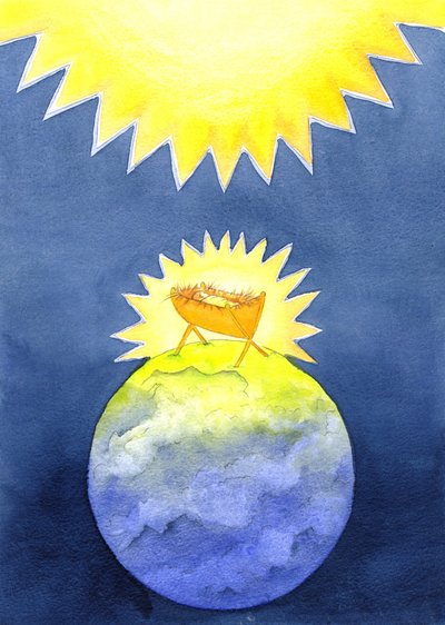 Jesus Kristus er et menneskeskapt menneske; likevel kom han til jorden ikke med makt, men som en hjelpeløs baby, 2001 (w/c på papir) av Elizabeth Wang