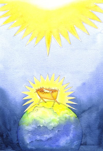 Jesus Kristus er et menneskeskapt menneske; likevel kom han til jorden ikke med makt, men som en hjelpeløs baby, 2001 (w/c på papir) av Elizabeth Wang