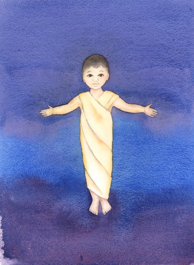 Jesus Kristus er sann Gud, som tok på seg vår menneskelige natur, og hadde ydmykhet og godhet til å komme blant oss som et spedbarn, 2003 (w/c på papir) av Elizabeth Wang