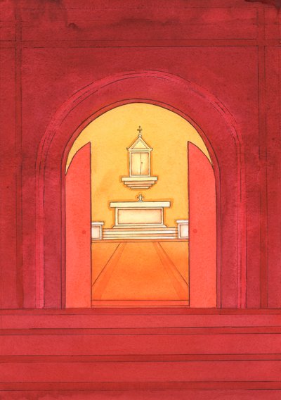 Jesus Kristus er virkelig til stede i det hellige sakramentet i tabernaklet, 2004 (w/c på papir) av Elizabeth Wang
