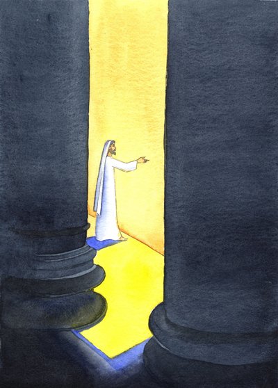 Jesus Kristus forkynte i tempelet, og folkemengdene hang på hans ord, 2001 (w/c på papir) av Elizabeth Wang