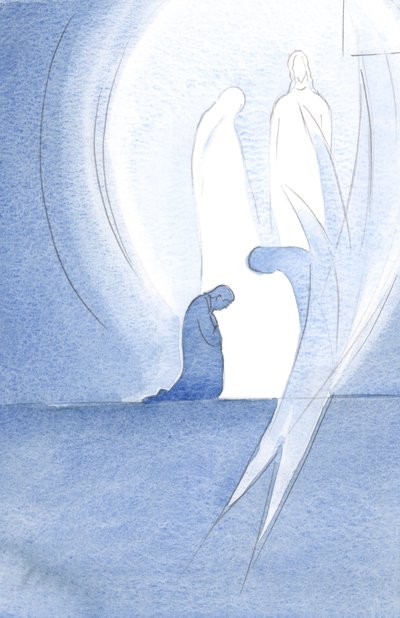 Jesus kom til min sjel med sin hellige mor ved nattverden, usett, og min engel ble med i lovprisningen av Faderen, 2000 (w/c på papir) av Elizabeth Wang