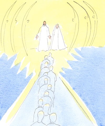 Jesus korsfestet venter ved himmelens port, med sin mor Maria og de hellige engler, 2000 (w/c på papir) av Elizabeth Wang