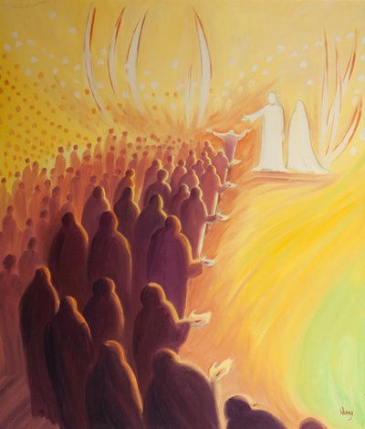Jesus korsfestet venter ved himmelens port, med sin mor Maria og de hellige englene, 2000 (olje om bord) av Elizabeth Wang