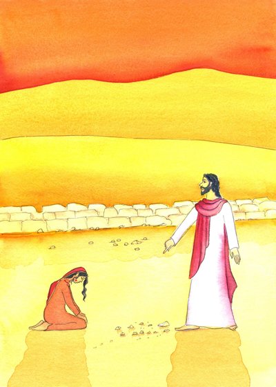Jesus tilgir kvinnen tatt i utroskap, 2006 (w/c på papir) av Elizabeth Wang