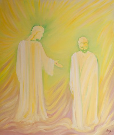 Jesus hedrer St. Josef sin fosterfar og ber oss beundre hans dyder og be om hans bønner, 2000 (olje om bord) av Elizabeth Wang