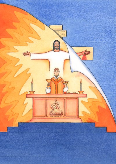 Jesus er tilstede hos oss i messen og ber til Faderen på våre vegne, om hjelp til våre behov og om evig frelse. Vi kan forene alle våre bønner med hans store offerbønn, 2004 (w/c on pa av Elizabeth Wang