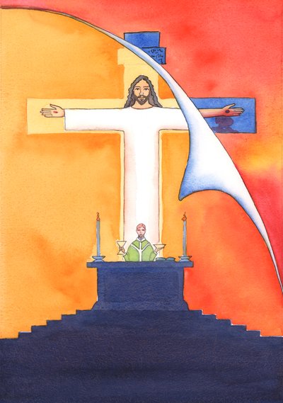 Jesus er tilstede hos oss i messen og ber til Faderen på våre vegne, om hjelp til våre behov og om evig frelse. Vi kan forene alle våre bønner med hans store offerbønn, 2004 (w/c on pa av Elizabeth Wang