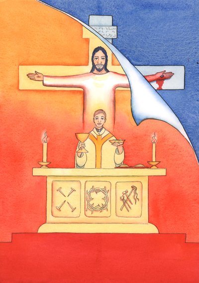 Jesus er tilstede hos oss i messen og ber til Faderen på våre vegne, om hjelp til våre behov og om evig frelse. Vi kan forene alle våre bønner med hans store offerbønn, 2004 (w/c on pa av Elizabeth Wang
