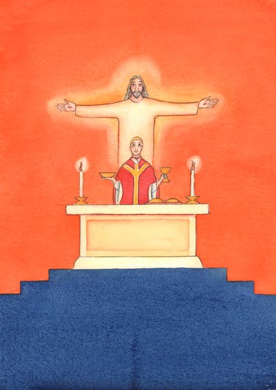 Jesus er tilstede hos oss i messen og ber til Faderen på våre vegne, om hjelp til våre behov og om evig frelse. Vi kan forene alle våre bønner med hans store offerbønn, 2004 (w/c on pa av Elizabeth Wang