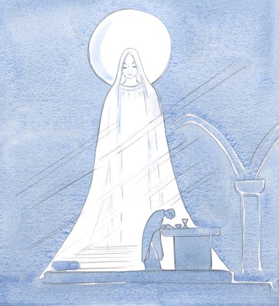 Jesus er virkelig Marias Sønn; alt han har, i sin hellige menneskelighet, kommer fra Hans hellige mor, 2000 (w/c på papir) av Elizabeth Wang