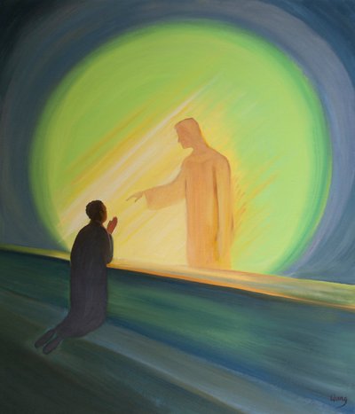 Jesus strekker seg ut til oss i nattverden for å lette våre byrder og gi oss glede, 2000 (olje om bord) av Elizabeth Wang