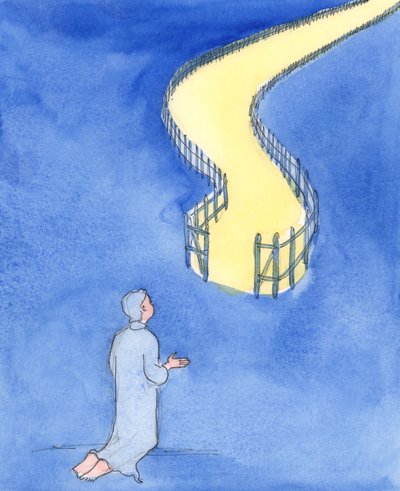Jesus sa at det er en smal port som fører til liv, og en hard vei, 2004 (w/c på papir) av Elizabeth Wang