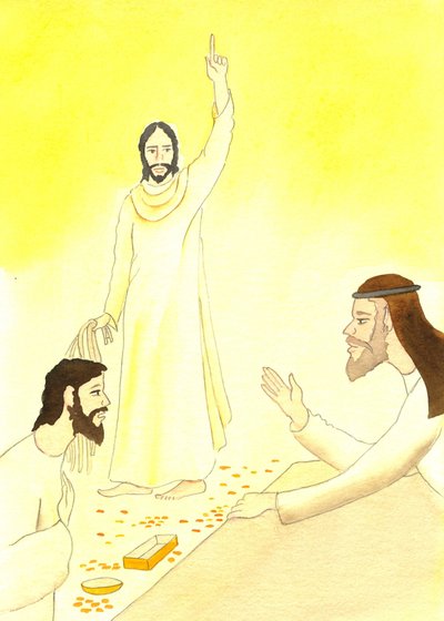 Jesus sier til pengevekslerne i tempelet: Står det ikke skrevet: "Mitt hus skal kalles et bedehus for alle folkeslag?", 2001 (w/c på papir) av Elizabeth Wang