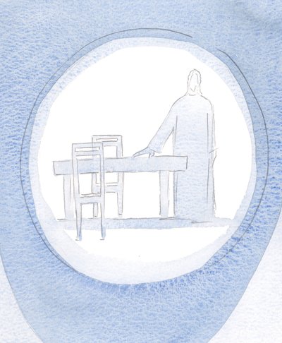 Jesus smilte til meg og pekte på et bord og to stoler, siden han ventet på å spise middag med meg, til tross for mine distraksjoner, 2000 (w/c på papir) av Elizabeth Wang