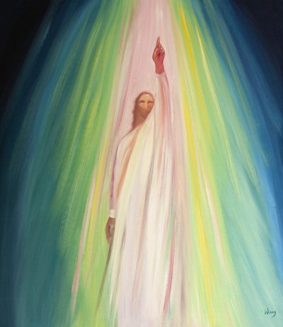 Jesus oppfordrer oss til å komme nærmere Faderen og rette våre bønner til ham, 2001 (olje om bord) av Elizabeth Wang