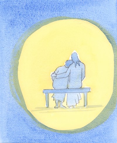 Jesu kjærlighet er personlig, øm og uforanderlig; han er alltid tilstede med oss, spesielt i det hellige sakramentet, og trøster oss med sitt nærvær., 2003 (w/c på papir) av Elizabeth Wang