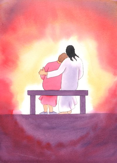 Jesu kjærlighet er personlig, øm og uforanderlig; han er alltid tilstede med oss, spesielt i det hellige sakramentet, og trøster oss med sitt nærvær., 2003 (w/c på papir) av Elizabeth Wang