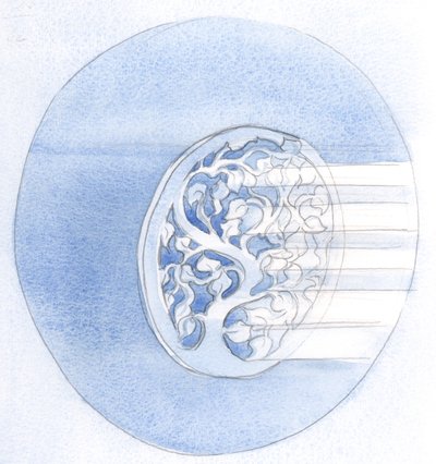 Akkurat som et ødelagt design (på en gullplate) kan repareres av et tilsatt stoff, slik blir vår bønn fullkommen ved dens forening med Kristi bønn, 2000 (w/c på papir) av Elizabeth Wang