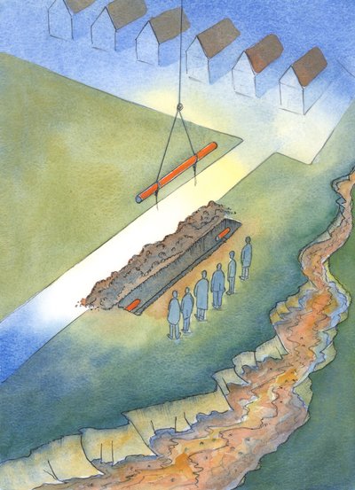 Akkurat som det er meningsløst å installere kloakkrør hvis en åpen kloakk får stå i nærheten, 2003 (w/c på papir) av Elizabeth Wang
