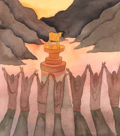 Akkurat som det gamle Guds folk laget et avgud av en gullkalv, så lager mange mennesker i dag en avgud av sine private meninger, 2003 (w/c på papir) av Elizabeth Wang