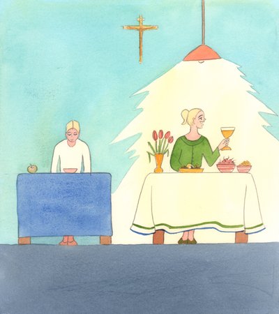 Livet i Kristus innebærer både faste og fest. Vi bør elske det som er godt, men være forberedt på å ofre dette når det er nødvendig for et enda større Gode, som er Gud, 2005 (akvarell på papir) av Elizabeth Wang