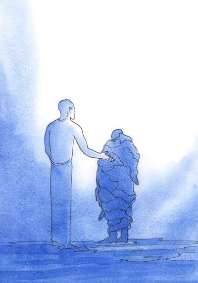 Som fattige tiggere trenger vi Kristi hjelp, som ber til Faderen på våre vegne, hver gang vi ber i hans navn, 2002 (w/c på papir) av Elizabeth Wang
