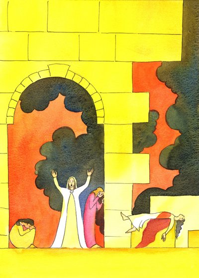 Mange år før Kristus ble født, ble Jerusalem invadert, og det hellige tempel vanhelliget og ødelagt, til folkets redsel, 2001 (w/c på papir) av Elizabeth Wang