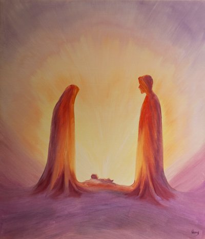 Maria og Josef ser med tro på Jesusbarnet ved fødselen hans, 2001 (olje om bord) av Elizabeth Wang