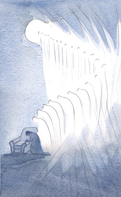 My Guardian Angel, og mange andre, bøyde seg i ærbødig bønn for ordene: "Ære være Faderen?", 2001 (w/c på papir) av Elizabeth Wang
